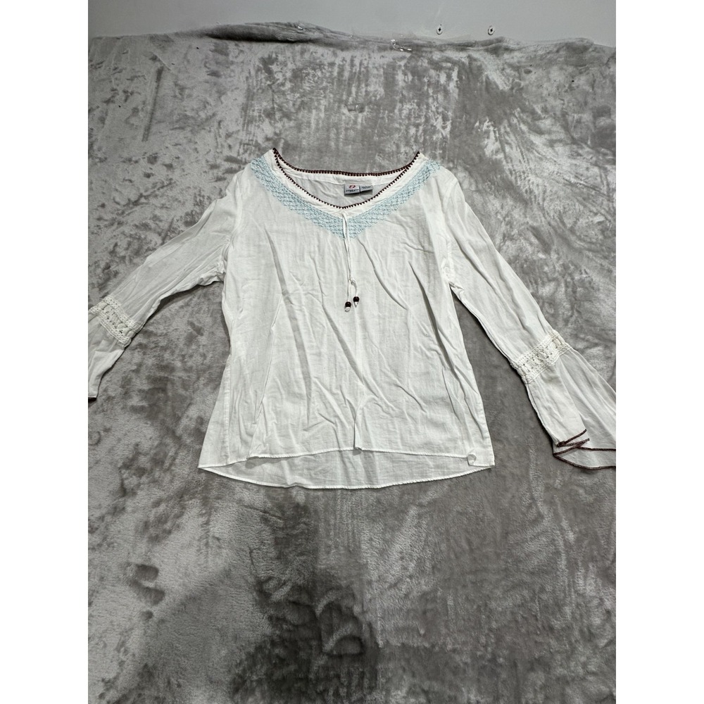 Anchor Blue Blouse Pullover Women's Size Large White Long Sleeve Semi-Sheer Flaw